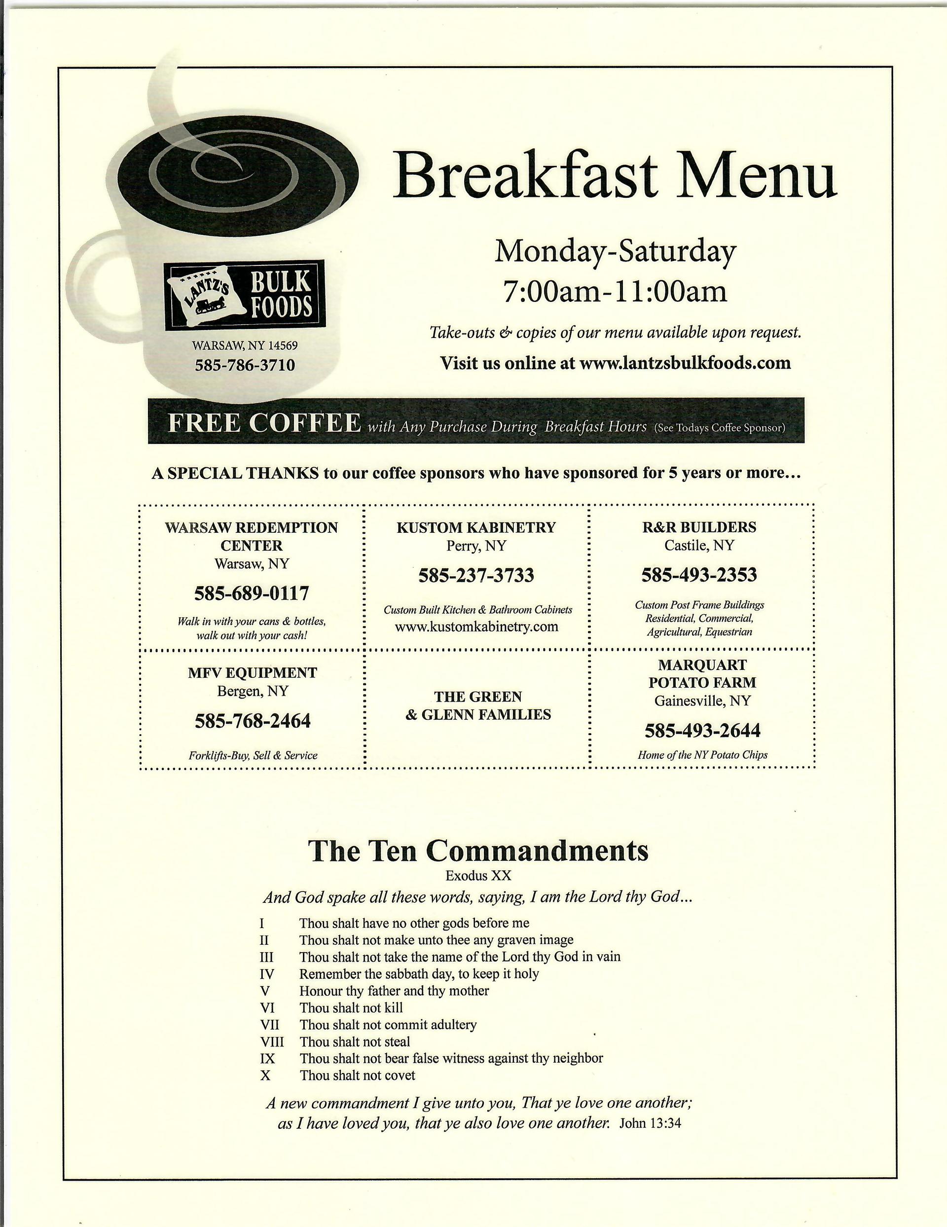 Lantz's Bulk Foods, Restaurant, Breakfast Menu